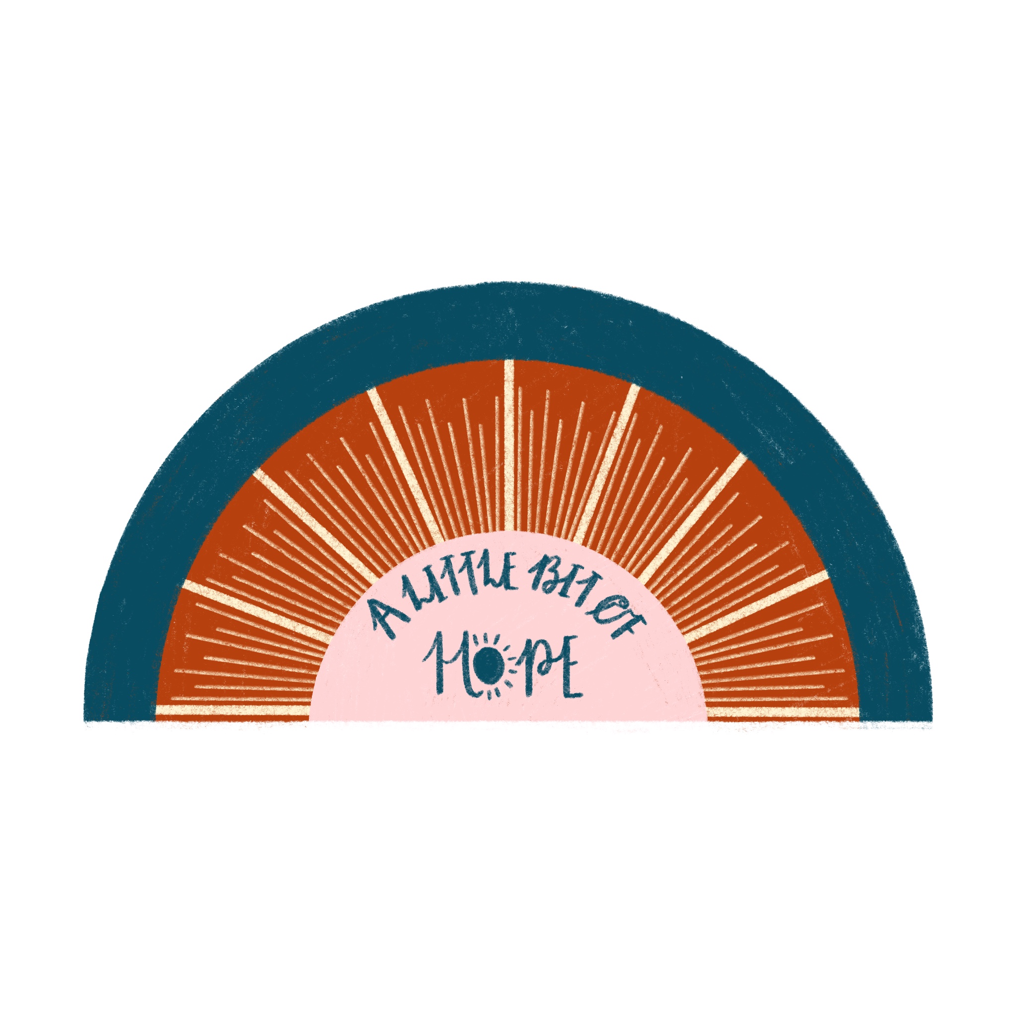 The A Little Bit of Hope Logo - a semi circle with navy, rust and pink, with yellow lines that are symbolic of a drawn sun. A Little Bit of Hope is written in navy on the pink segment of the semi circle.