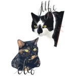A digitally drawn pet portrait of two cats, one is black and white, and the other is black with ginger and brown smudges. Their names "Alfie" and "Cleo" are in black digital calligraphy.