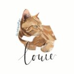 A digitally drawn Ginger coloured cat, with his name, "Louie" in digitally calligraphy.