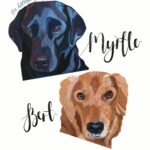 A digitally drawn pet portrait of two different dogs, one is a black labrador, and the other is a ginger labrador retriever. With their names, "Myrtle and Bert" in digitally calligraphy.