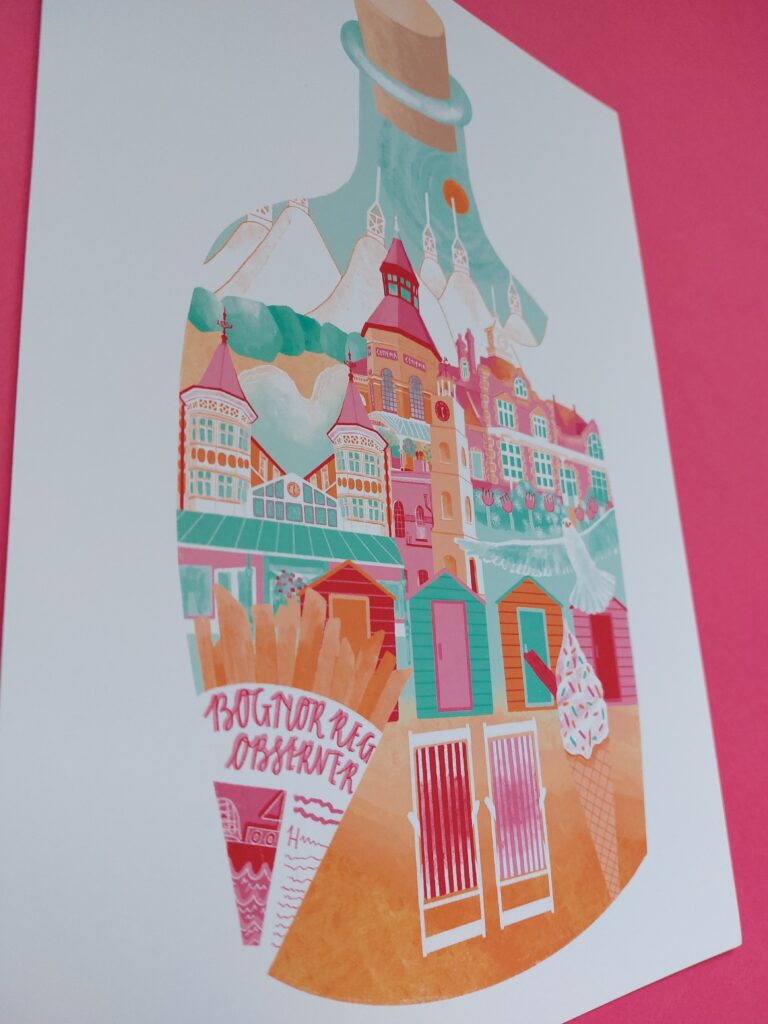 ALBoHope's pink, orange and blue Bognor Regis Print which includes Butlins' skyline, the registered train station building, the cinema Picturedrome, the arcade shops, fish and chips wrapped in a newspaper, and a sandy beach with deck chairs and beach huts. All of these are illustrated within a glass bottle.