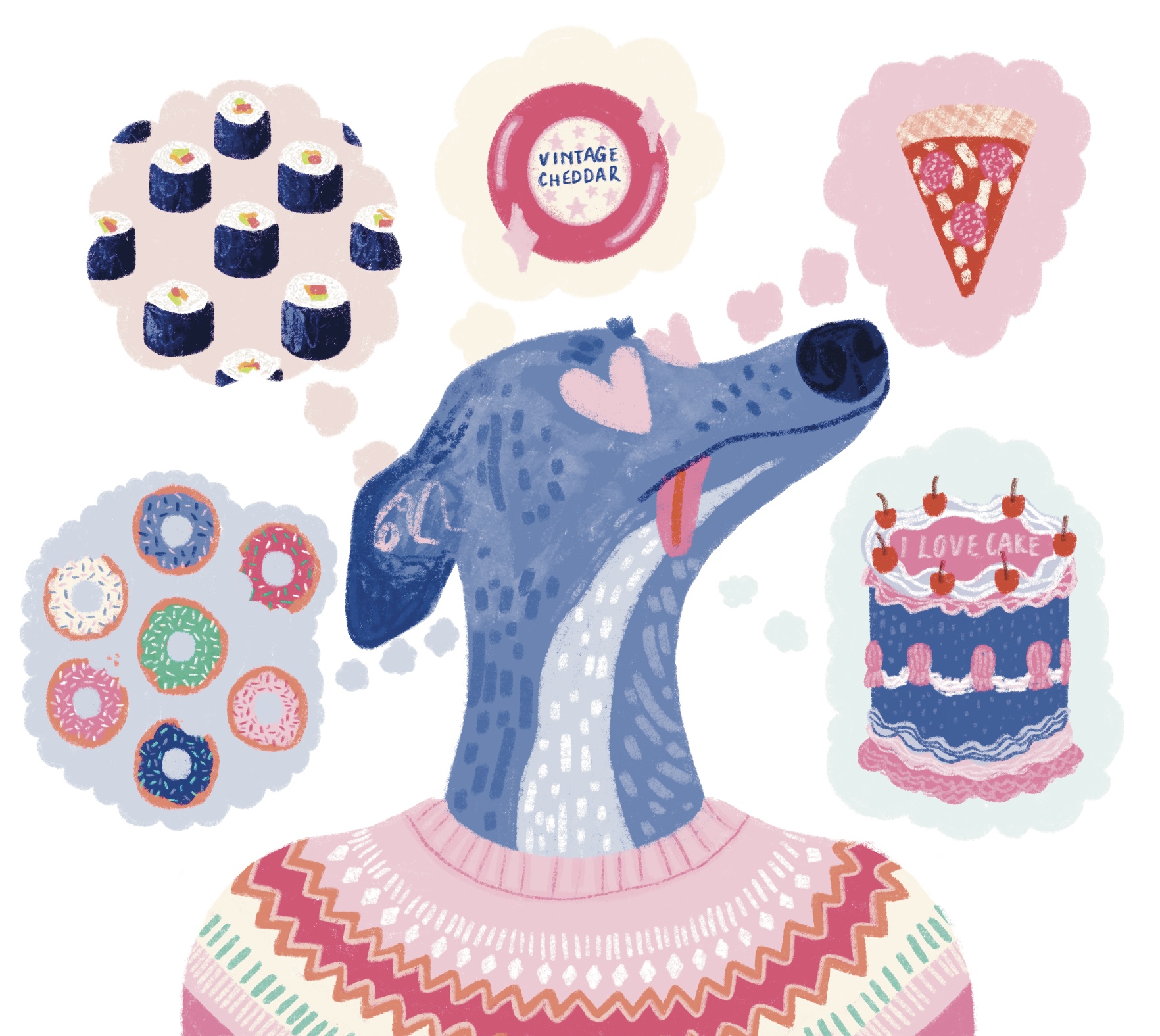 An illustration of a whippet with heart eyes wearing a fairisle knitted jumper, dreaming about its favourite foods!