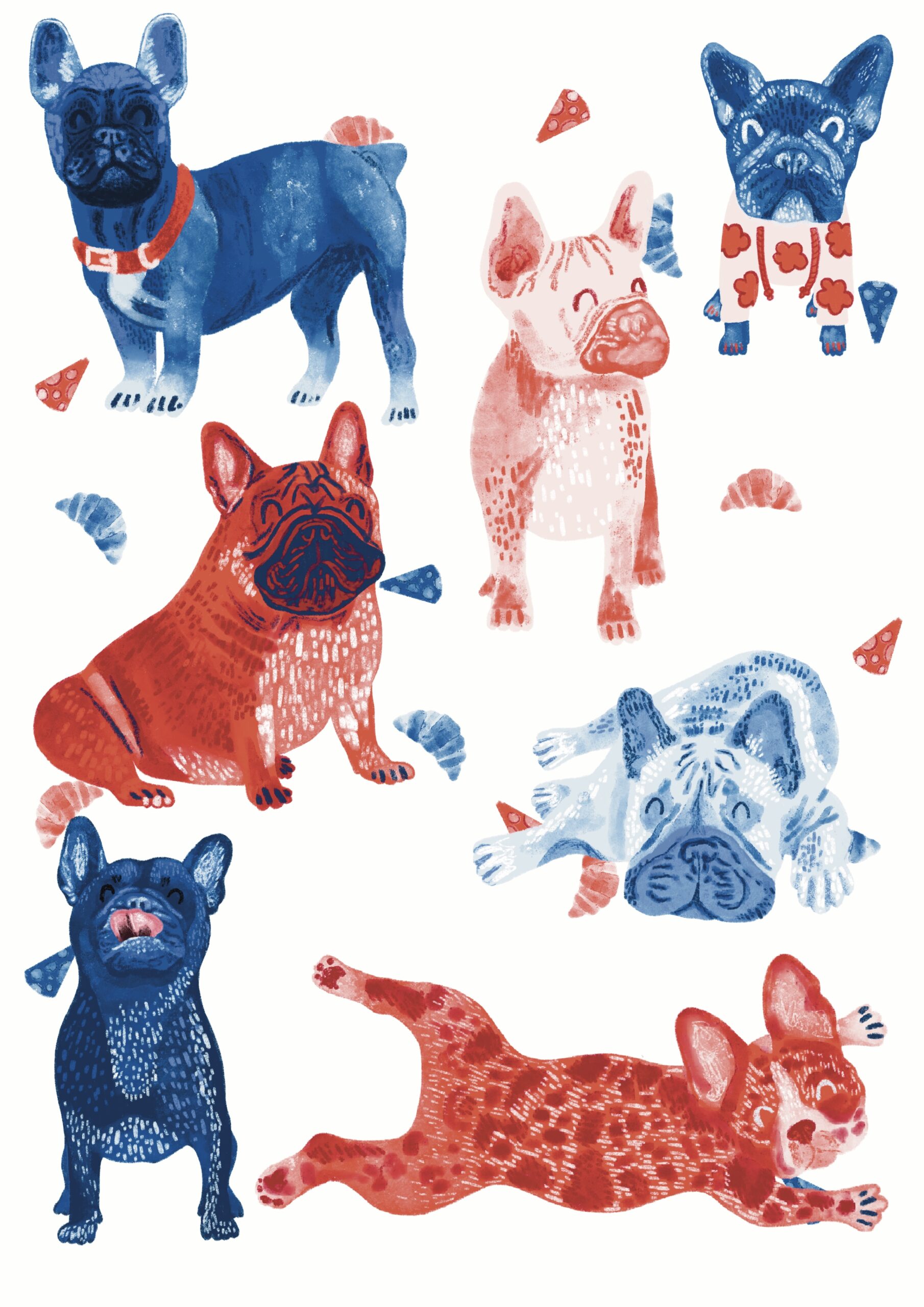 Blue and red illustrated bulldogs in different positions, with tiny croissants and cheese triangles in the background