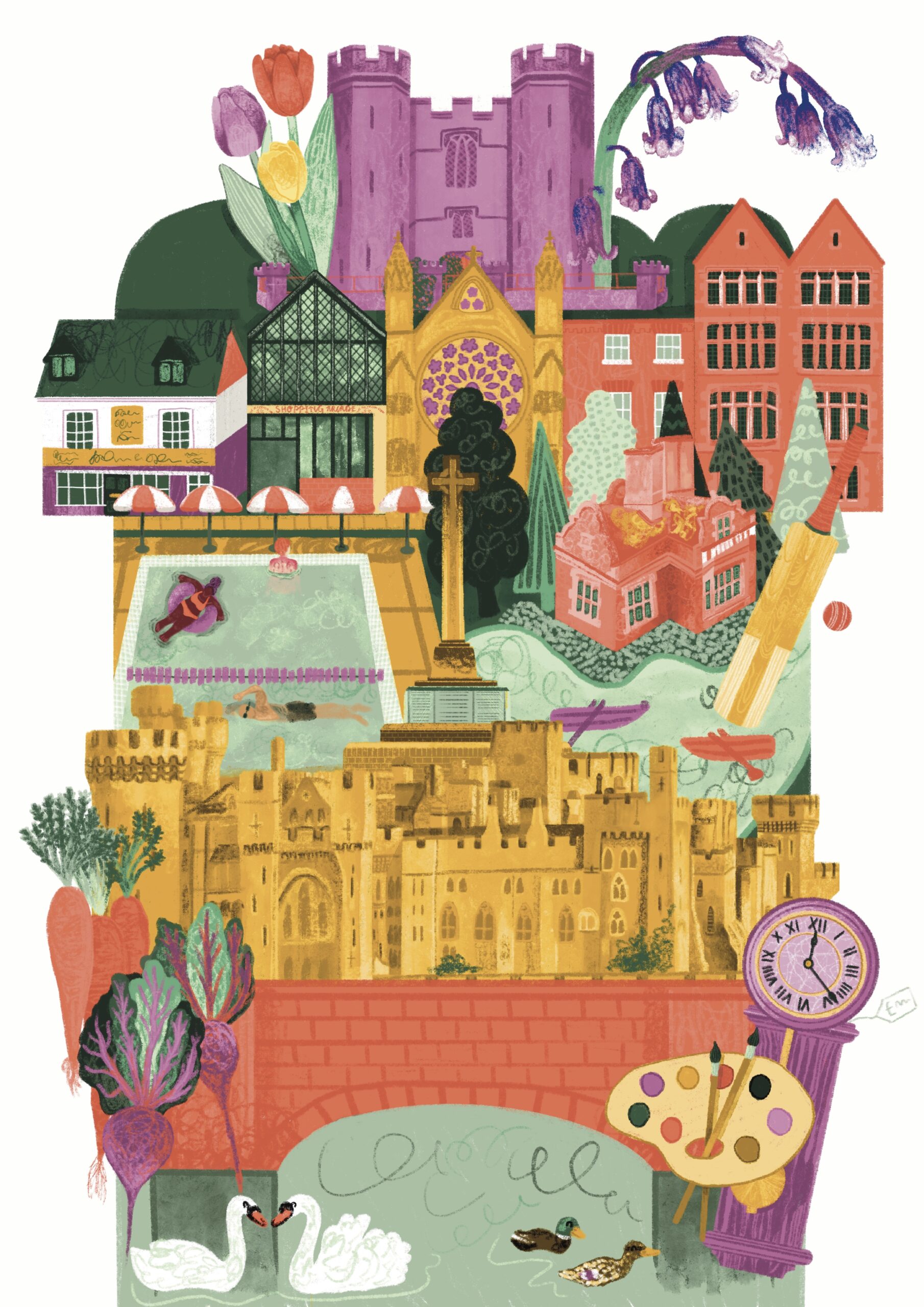 An bright coloured illustration inspired by some of Arundel's finest buildings and businesses - lots of lilac, oranges and sage/khaki greens!