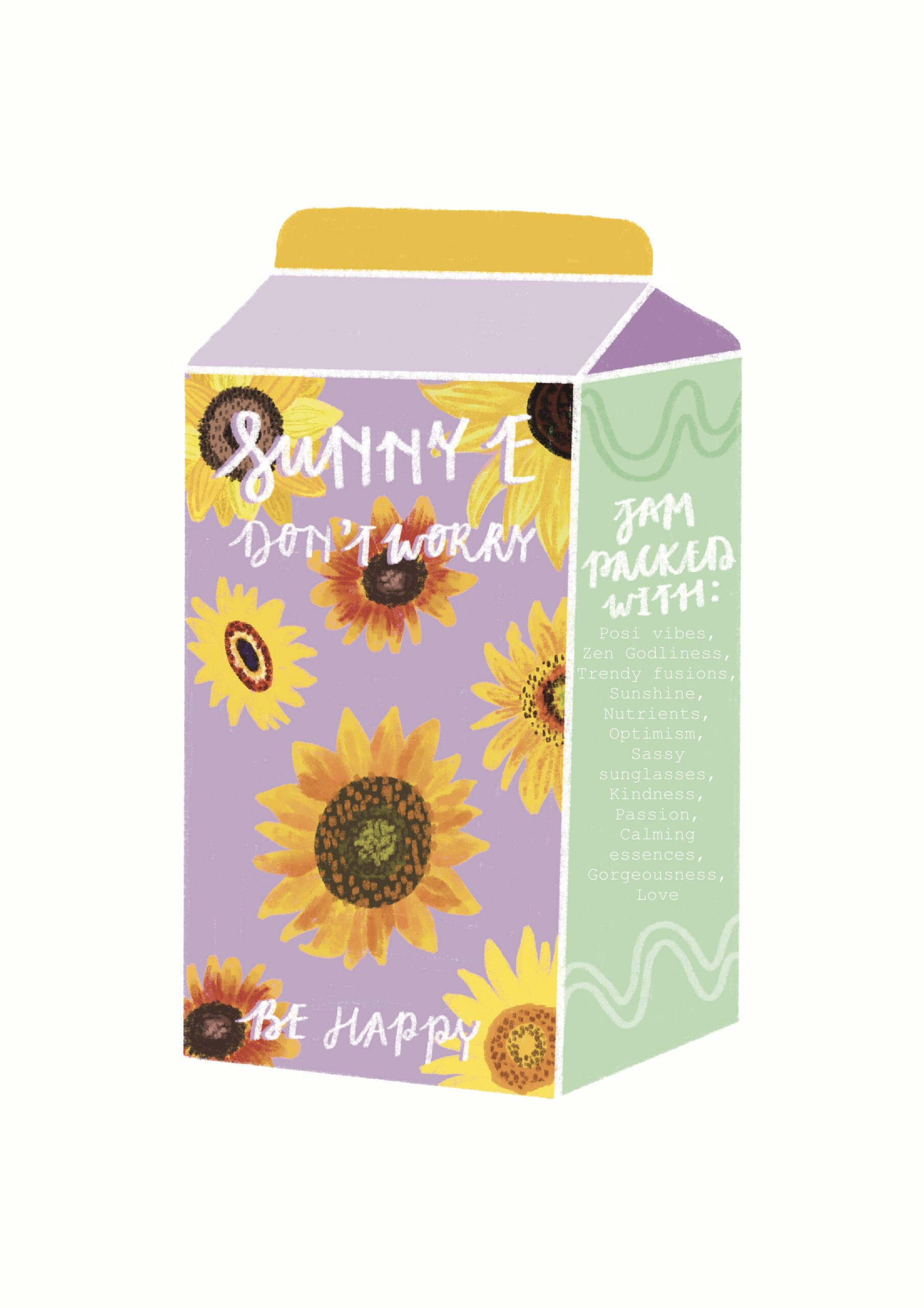 A carton of juice with the words "Sunny E" on it, instead of Sunny D - an art print for a friend