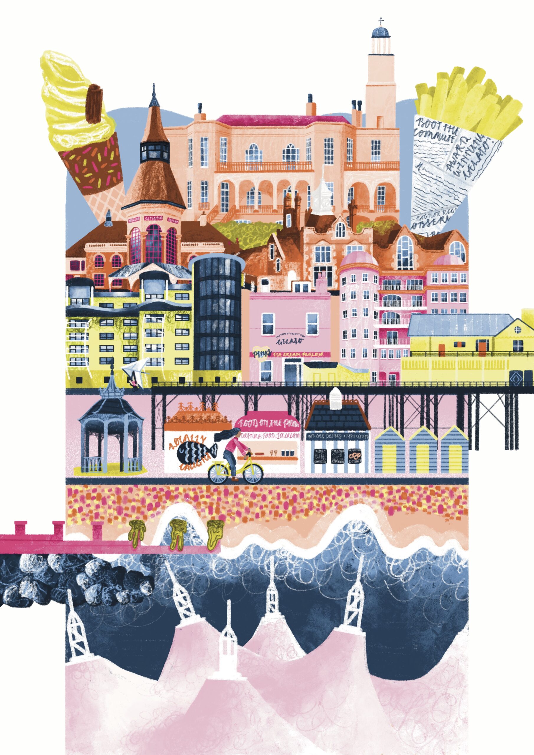 An bright coloured illustration inspired by some of Bognor Regis' finest buildings and businesses - lots of pinks, oranges and lime greens!