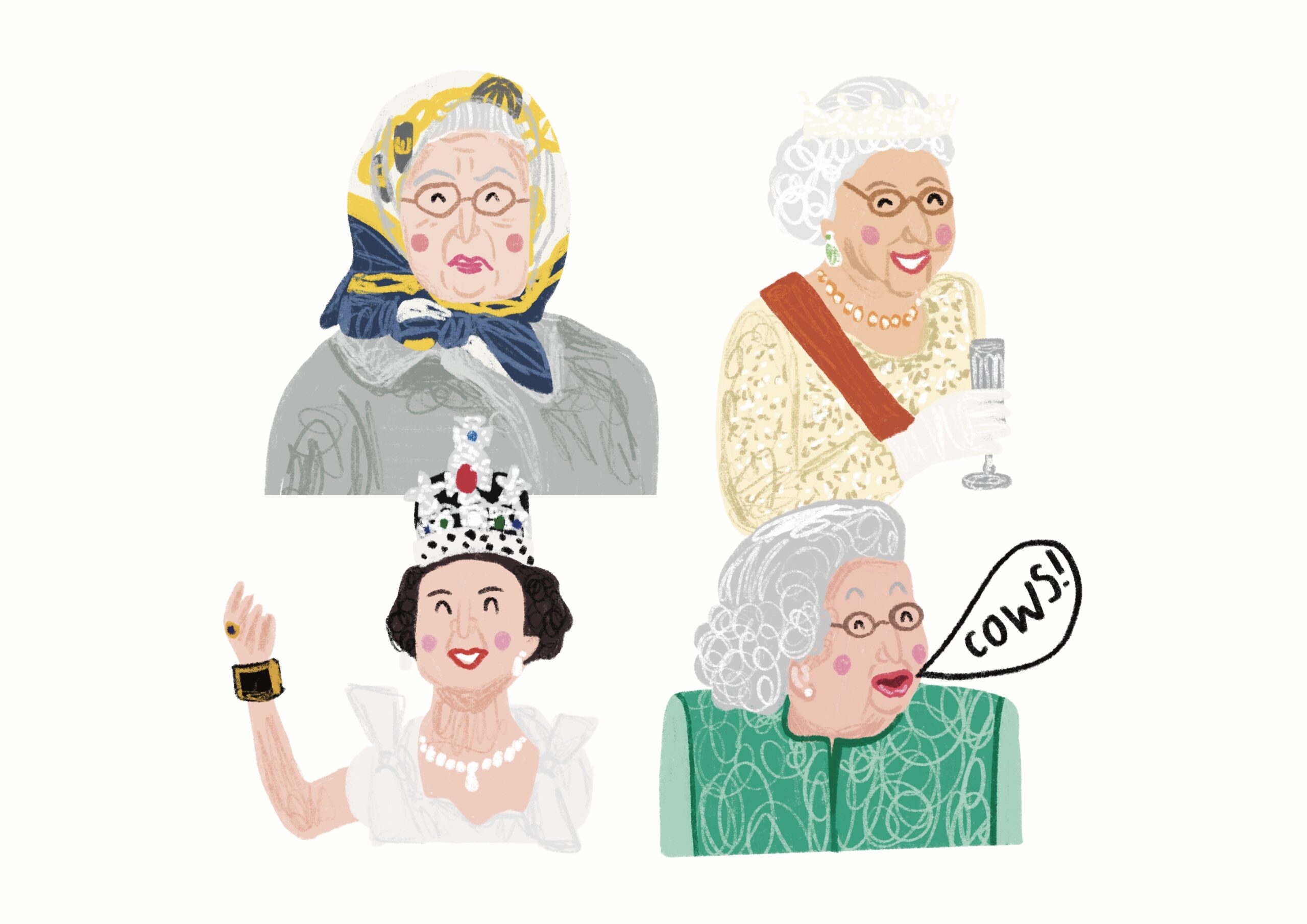 Four separate illustrations of the late Queen Elizabeth the Second.