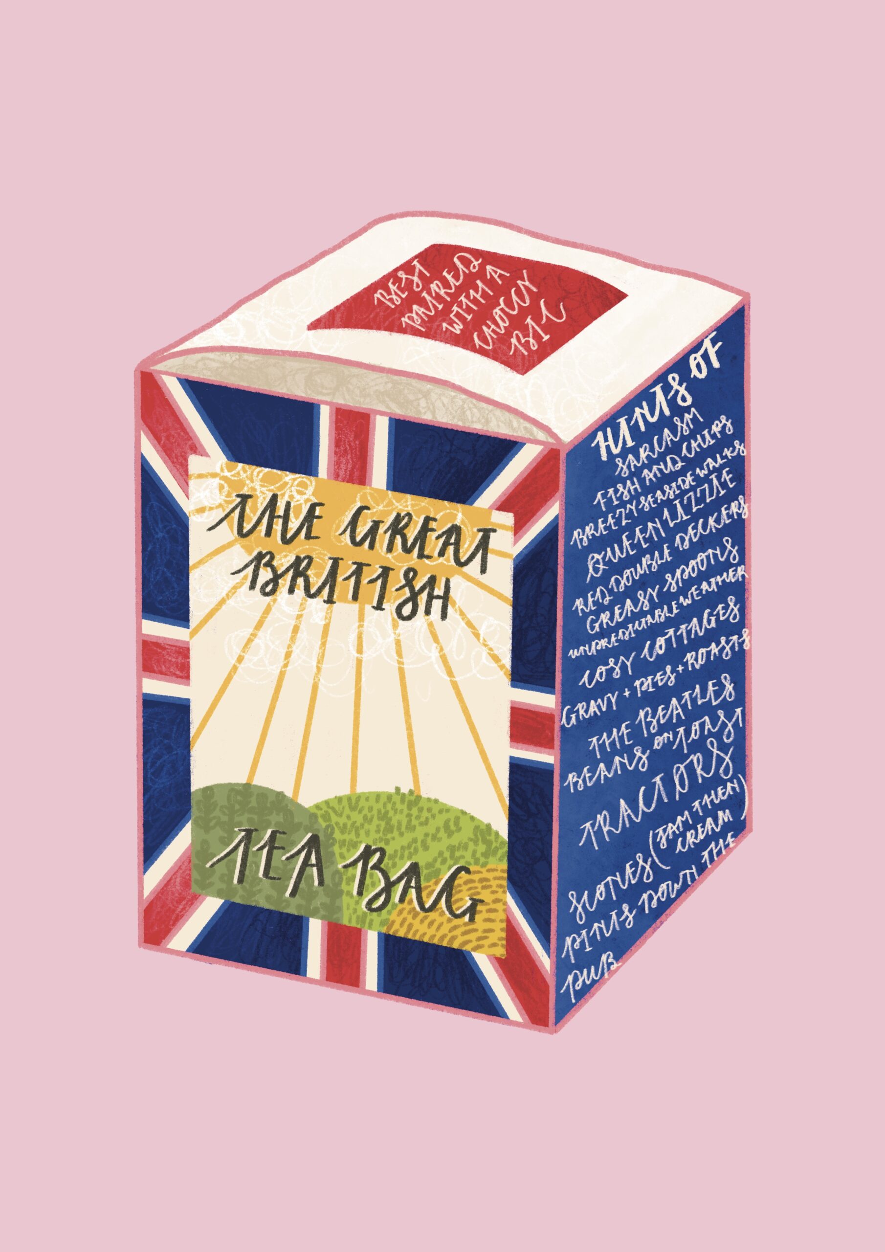 A box of teabags illustration - the box has a union jack pattern on it, with scenes of rolling hills and a sunshine. The ingredients part of the box includes British attributes that the UK and people have who live here.