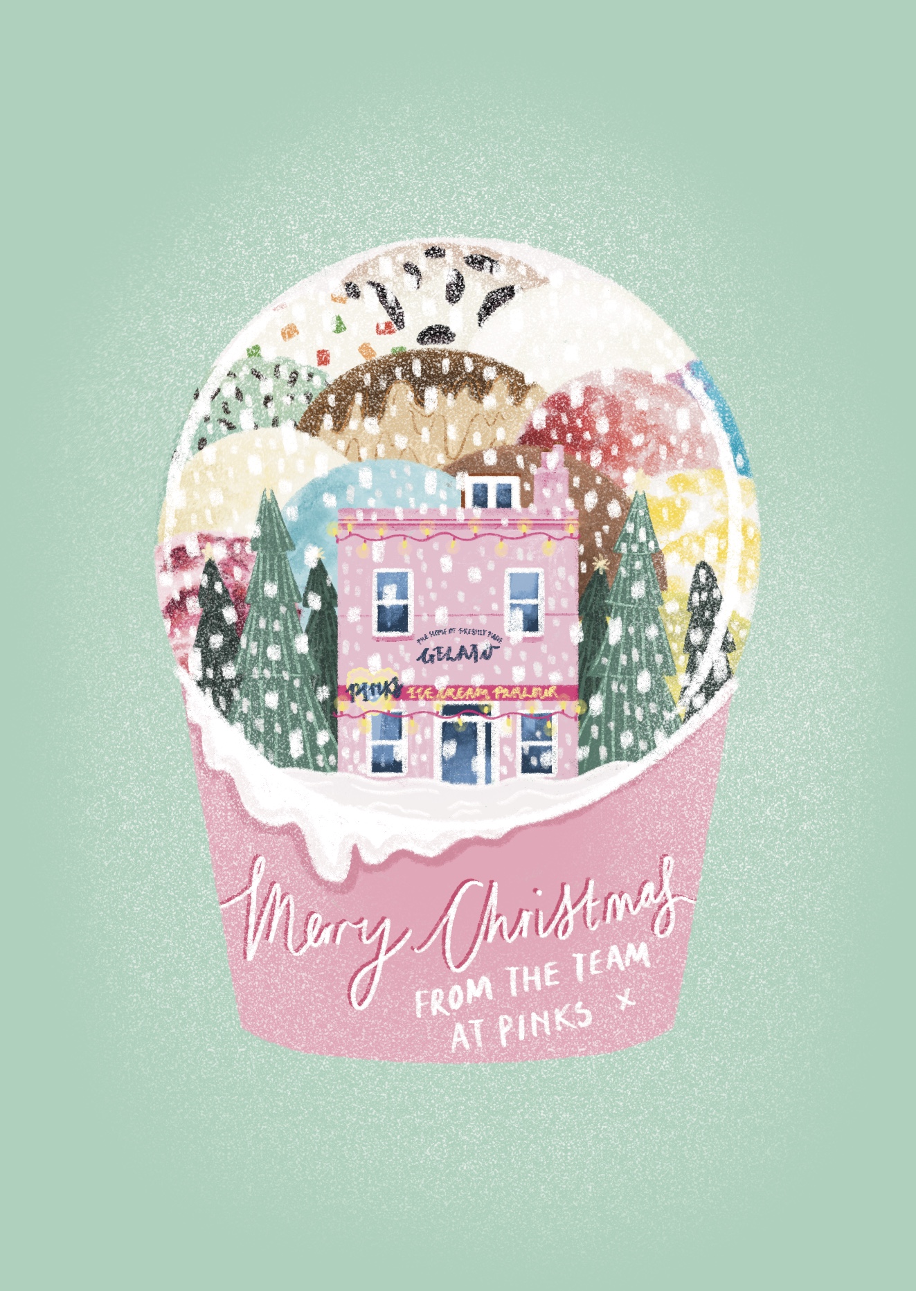 Pinks Parlours 2022 Christmas Card - featuring the Pinks Gelato Parlour in a pink snowglobe, with mountains of gelato scoops behind it.