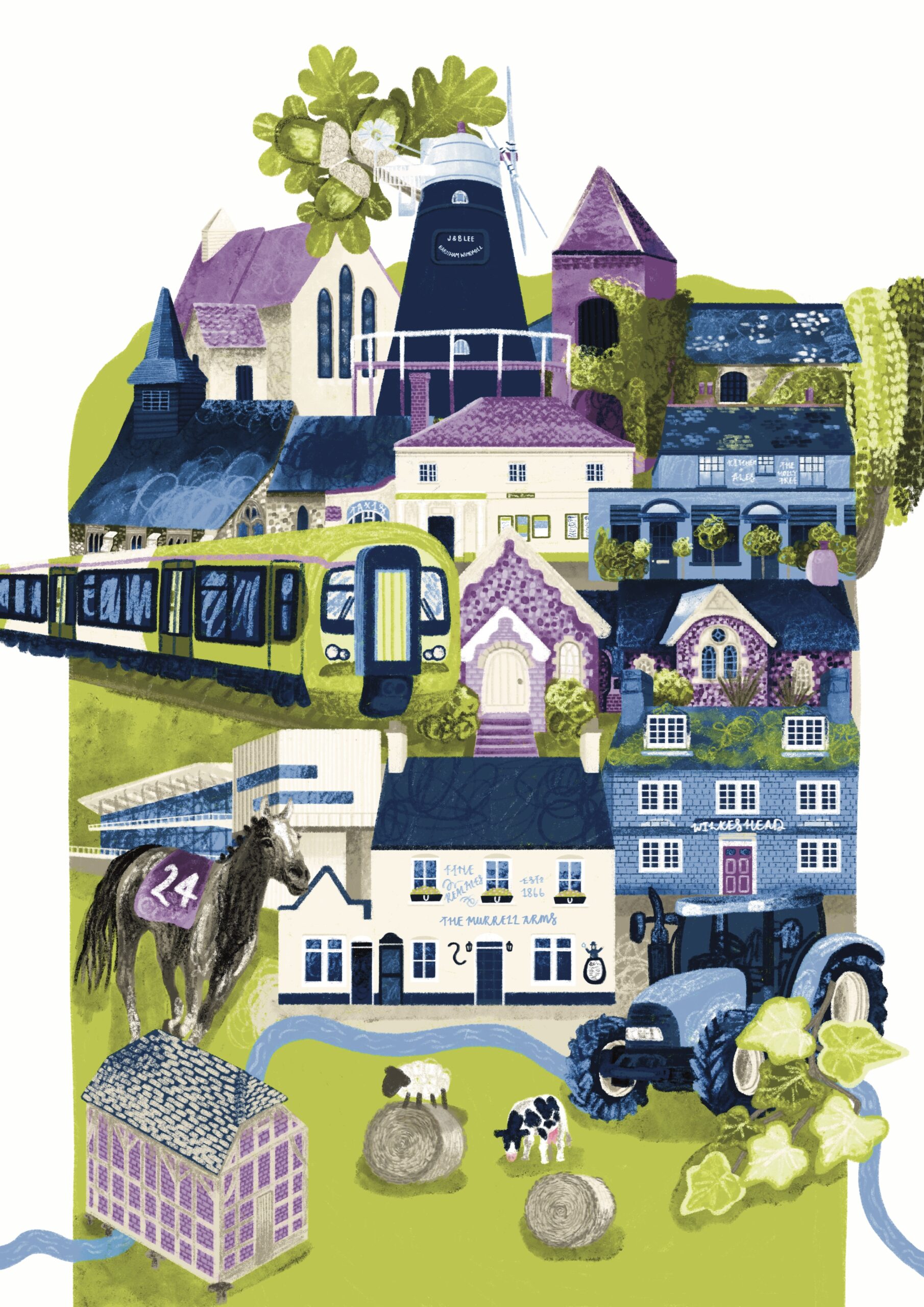 illustration inspired by some of Six Village's finest buildings and businesses - lots of purples, vibrant greens and greiges!