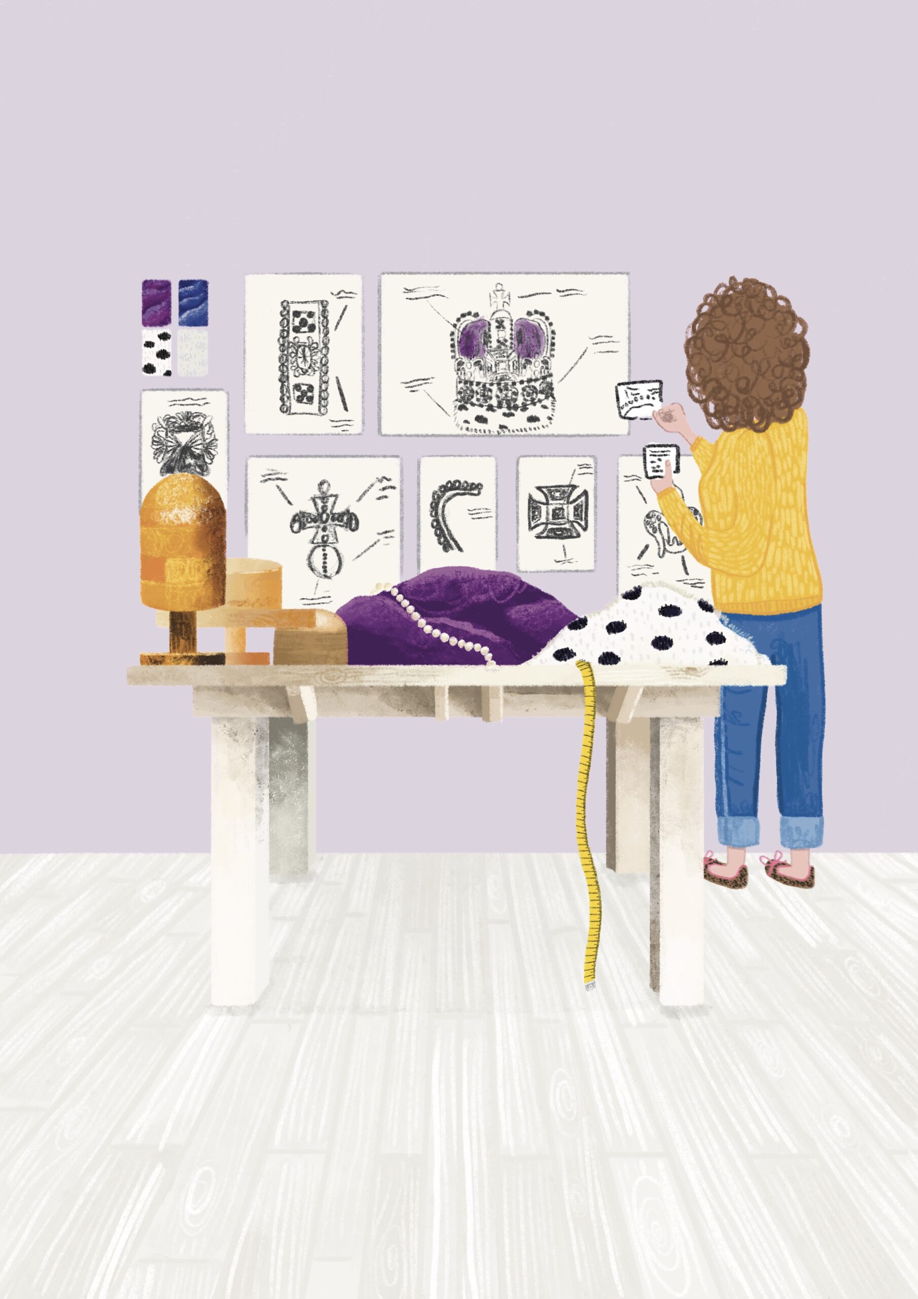 An illustration done by Hope Bullen with a lady facing her back to us whilst looking at a crown mood board on a lilac wall. In front of her is a table that has materials and hat blocks that represent the makings of the late Queen's crown jewels.
