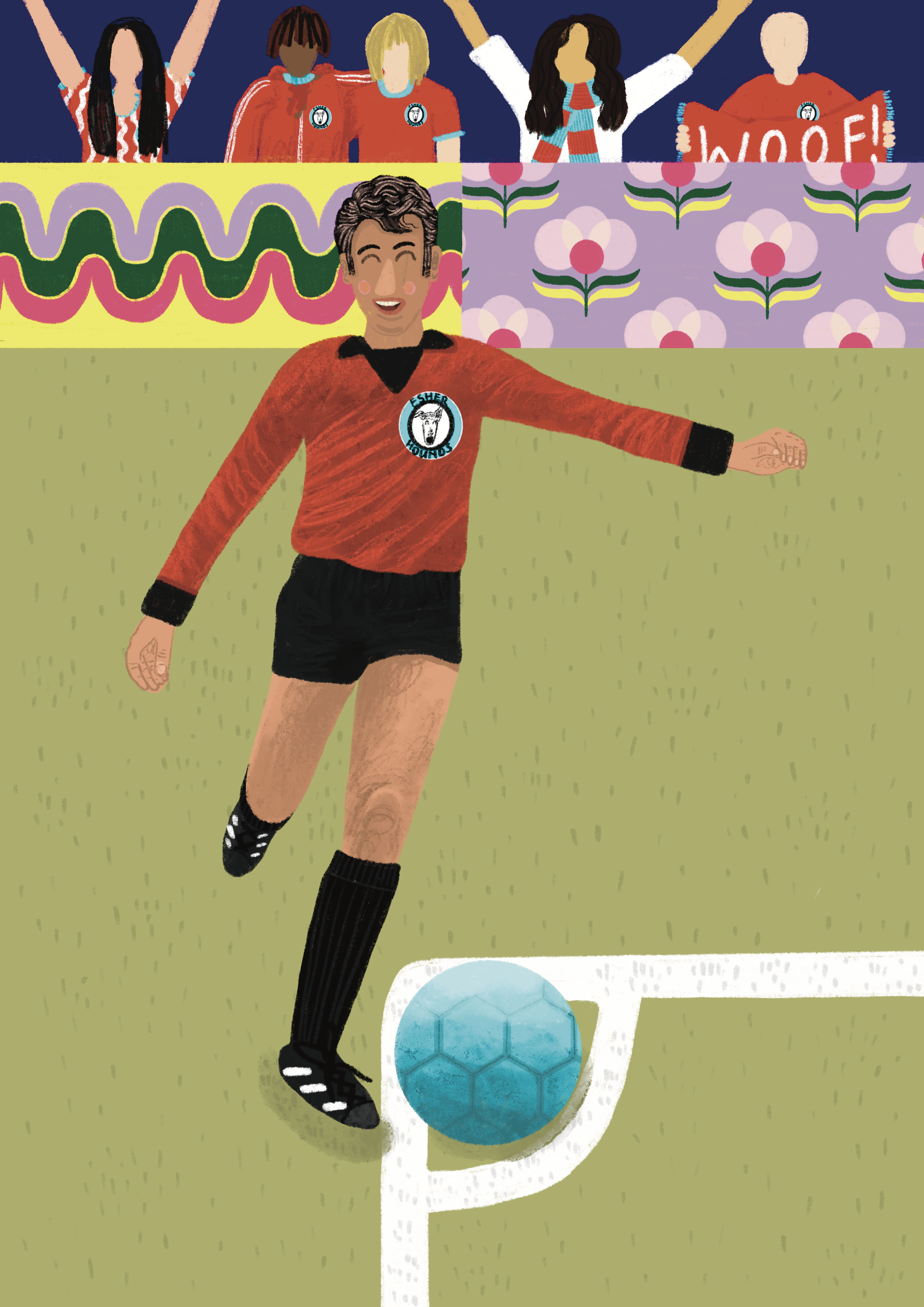 An illustration done by Hope Bullen with a man in a red football kit preparing to take a corner. There are fans behind the barrier cheering him on.