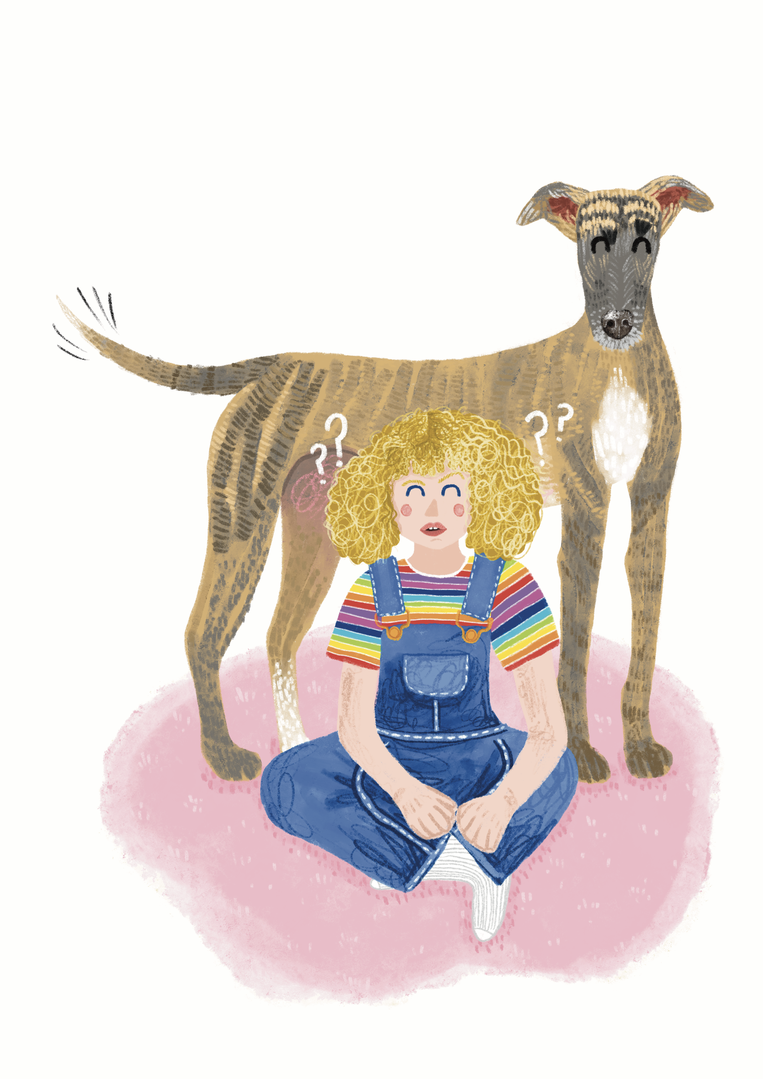 An illustration done by Hope Bullen with a brindle sighthound shown wagging it's tail and eyebrow raised behind a young girl with curly blonde hair in a rainbow top and denim dungarees. They're sat on a pink floor.