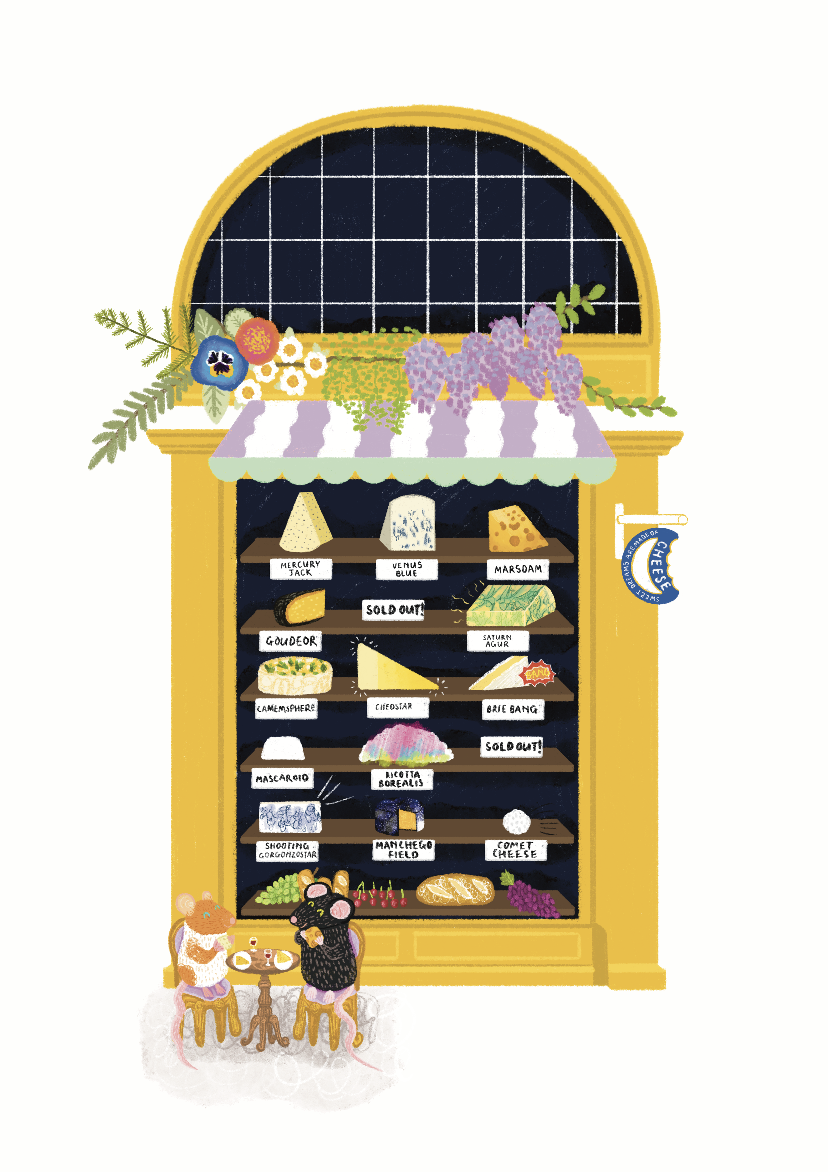 An illustration done by Hope Bullen of a yellow cheese shop front with wysteria and other flowers framing the top part of the window and two mice eating cheese out the front of the shop. The cheese has different names based on space, playing to the rumour that the moon is made of cheese.