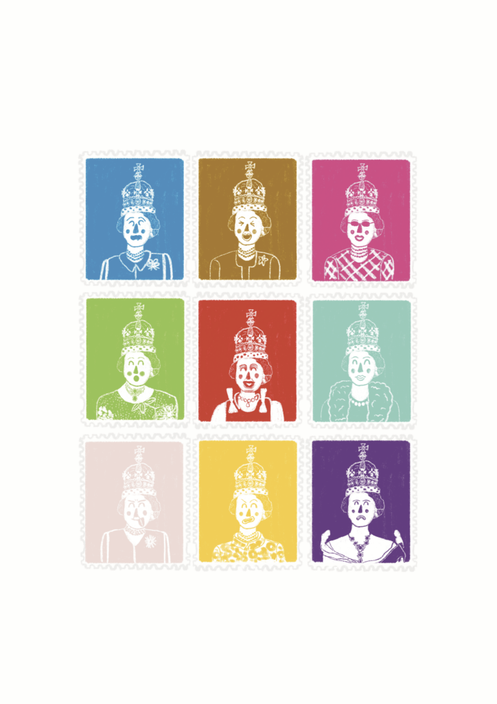 An illustration done by Hope Bullen with the Queen wearing her crown jewels in 9 different coloured postage stamps. She is outlined in white, and is wearing different outfits and facial expressions in each one.