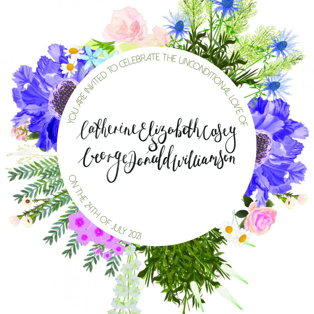 Vibrant floral wreath drawn using the bride's bouquet, with the name and date of the bride and groom in the centre in digital calligraphy.