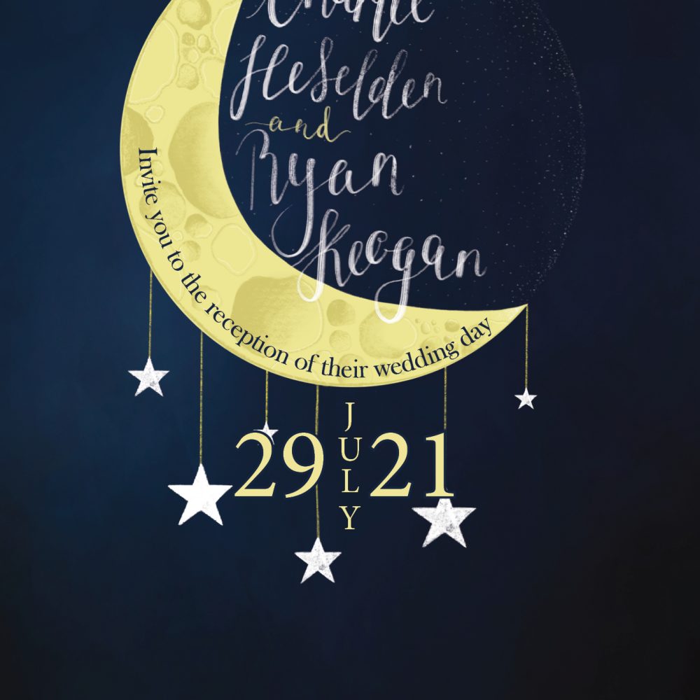 Wedding Invites featuring a new moon, and stars hanging beneath it.