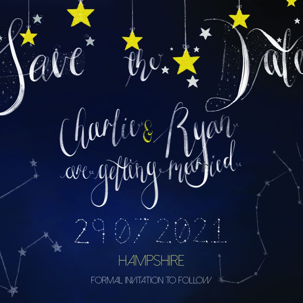 Wedding Save the Dates with a deep blue background, stars and star signs in the foreground. The writing is a contrast of the background in white.