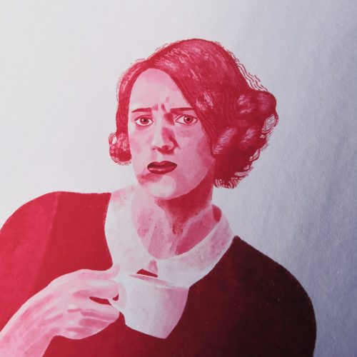 A white background print with Fleabag drinking a cup of tea looking straight at the viewer. The quote reads "I sometimes worry that I wouldn't be such a feminist if I had bigger tits", and is in a typewriter style font. The portrait is pink and red. Available in A5, A4 or A3 - pictured is the A4 size. The print is printed onto 230gsm Matte Photo Paper, with Recycled Cardboard + Compostable See-through bags to keep them safe.
