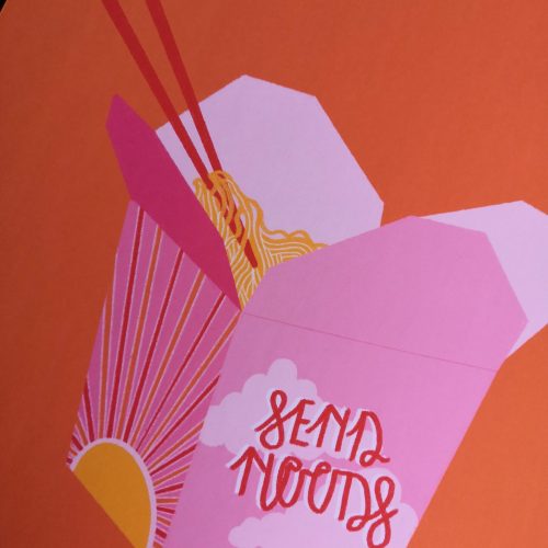Vibrant orange art print, with a pink noodle container in the middle that says "send noods" on it.