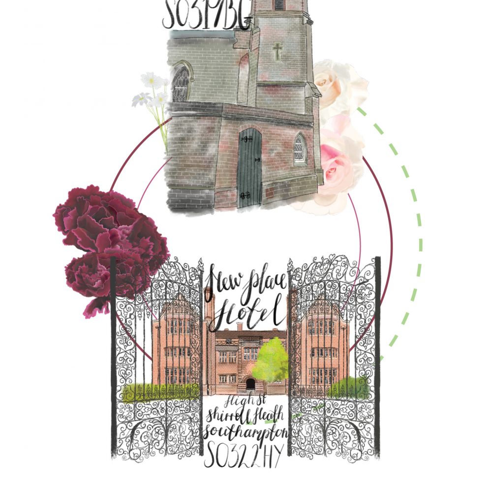 Wedding Itinerary with church and venue illustrated with burgundy and light pink flowers that match the main theme