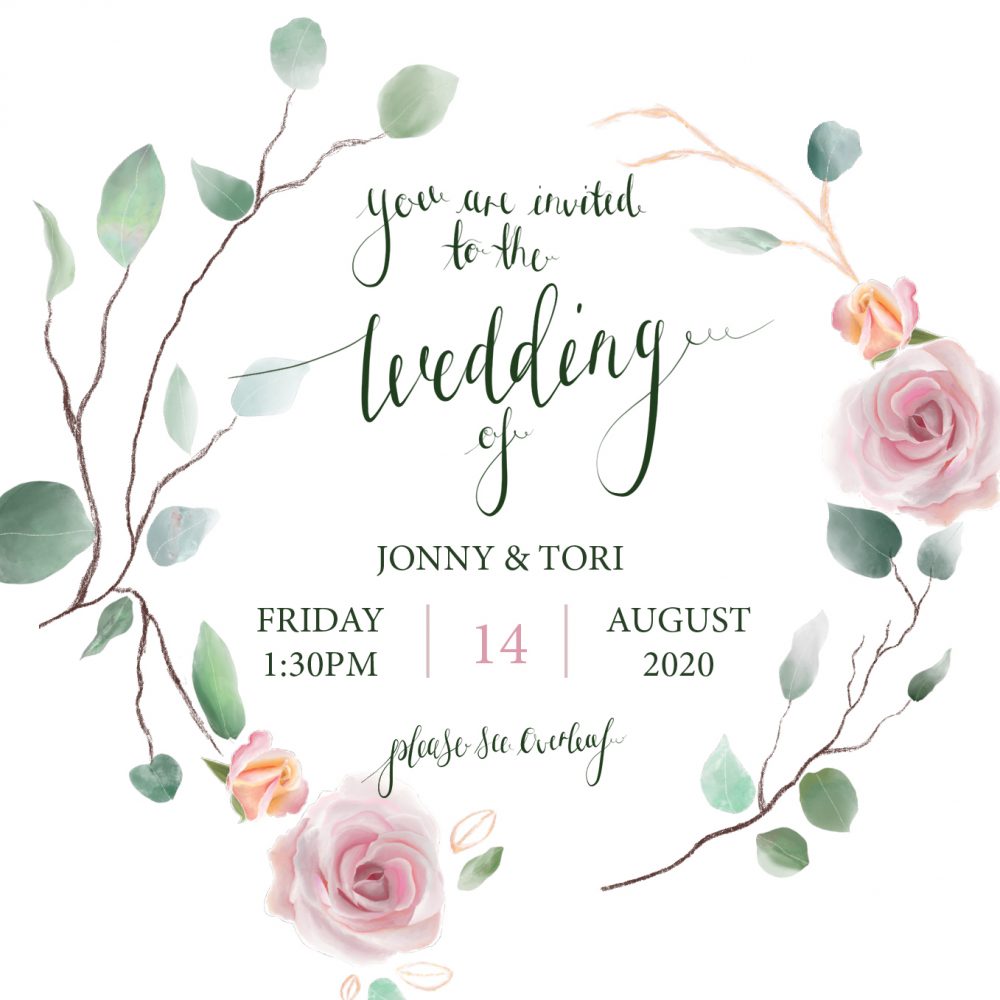 Wedding invites, with a delicate, watercolour style wreath with the name and date of the bride and groom in the centre